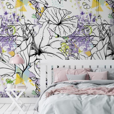 Houseart Ζωγραφισμένα λουλούδια, Line Art, Ταπετσαρίες Τοίχου, 100 x 100 εκ.